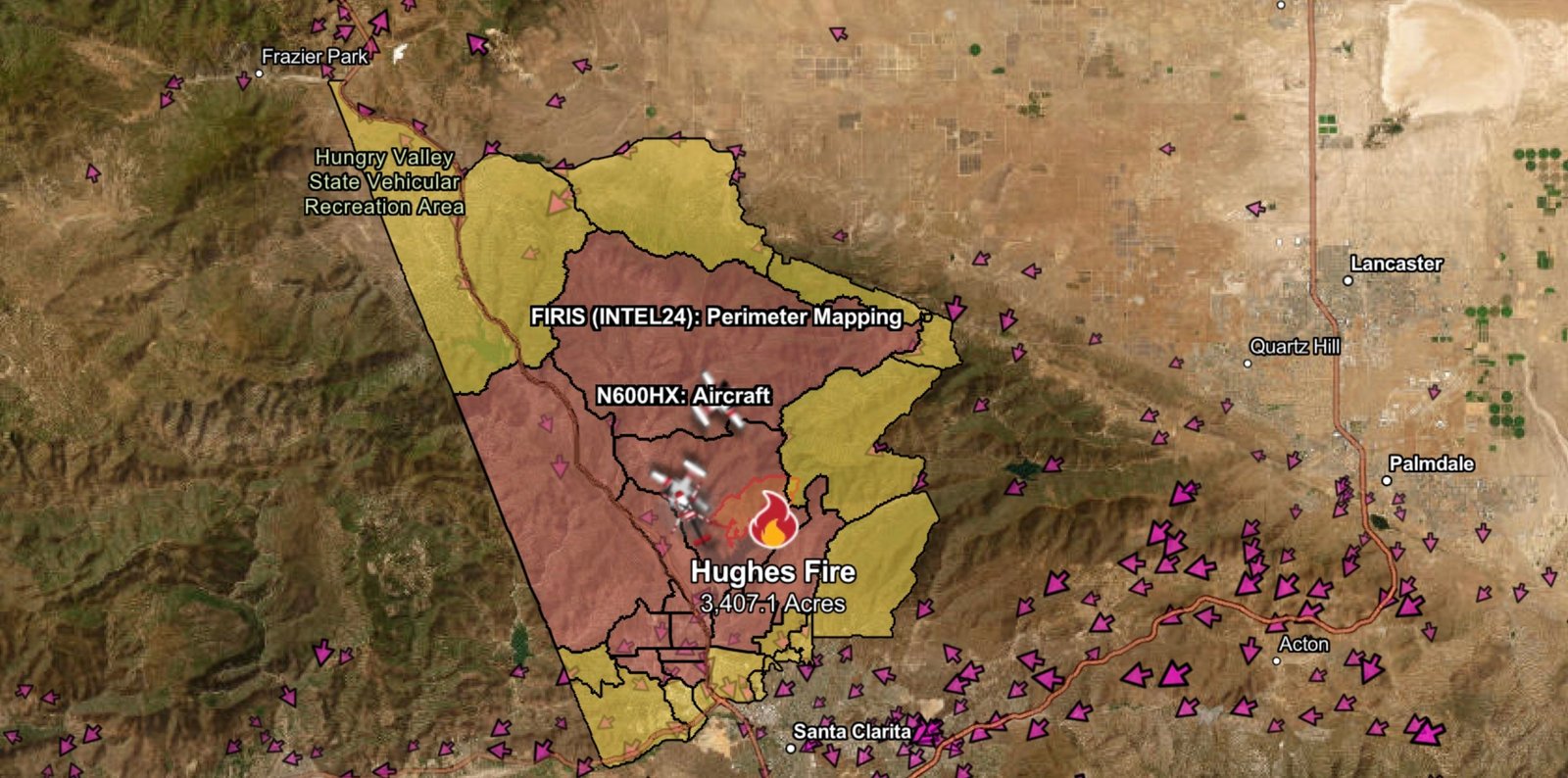 A map shows the Hughes Fire and affected communities near Santa Clarita, California.