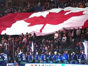 A large flag of hockey passes through a crowd in a field of hockey