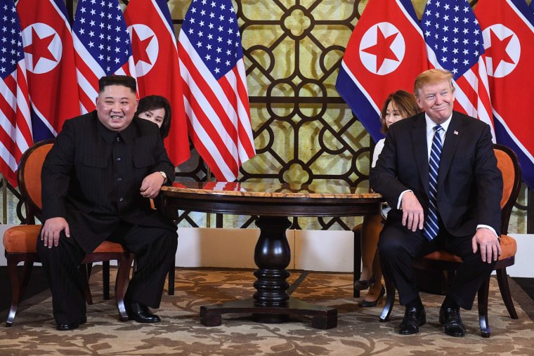 Donald Trump and Kim Jong-un during a meeting at the second US-Korean summit at the Swaphil Legend Metropole Hotel in Hanoi on February 28, 2019.