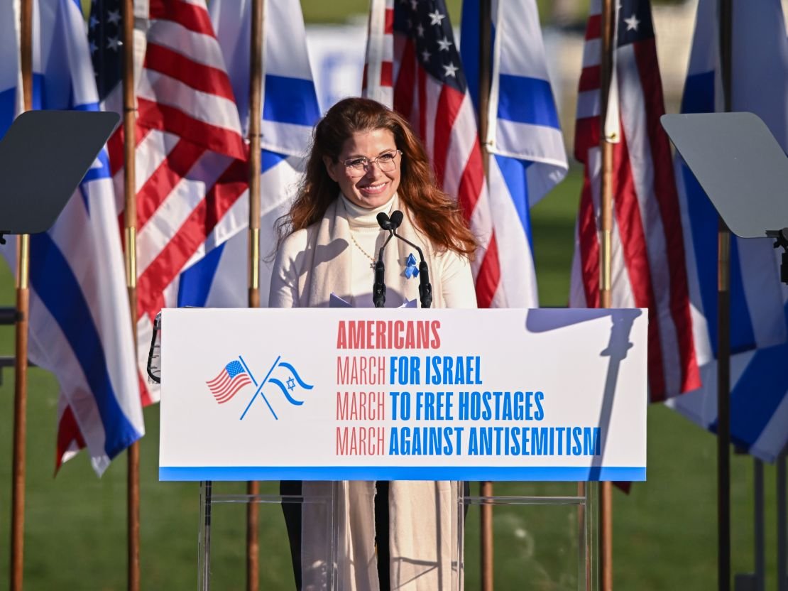 Debra Missing speaks during the 'March for Israel' at the National Mall in 2023.