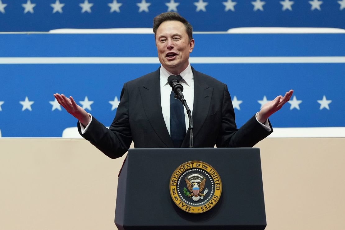 Elon Musk speaks at an indoor Presidential Inauguration parade event in Washington, Jan. 20, 2025.