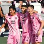 Tadeo Allende #21 of Inter Miami celebrates with teammates Luis Suárez #9 and Telasco Segovia #8 after scoring in the 1-0 win over Charlotte in MLS on Sunday. (Rich Storry)