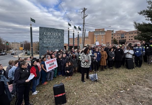 Delware County Council Chair Dr. Monica Taylor is talking to a crowd at the Safe Cruiser Health Rally outside the Cruiser Chester Medical Center in Appin on Thursday. (Kathleen E -Carr - Daily Times)