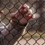 Child's hands holding onto a chain link fence.