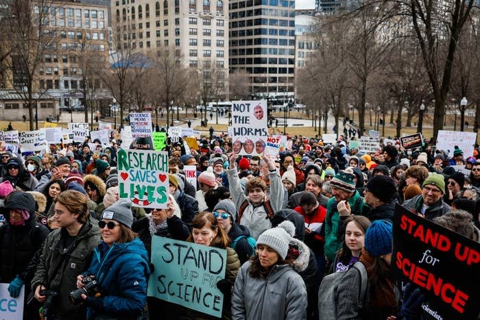 With a large mob, science and research supporting in a park protests, such as messages & quotes; Stand for science & quot; And & quot; Research saves life. & quot;