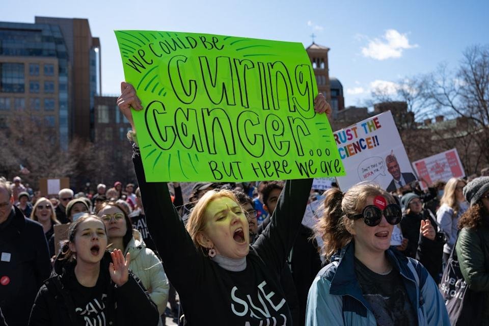 Demonstrators have signs, one reads: & quot; We can treat cancer ... but we are here. & quot;