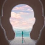 Concept art of nature freedom motivation spiritual soul mind dream success brain and hope , conceptual idea artwork, surreal painting man with happiness of landscape nature in a door, illustration; Shutterstock ID 2076399217; purchase_order: -; job: -; client: -; other: -