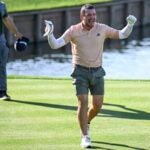 Alejandro Tosti jumps in water at The Players Championship after making hole-in-one