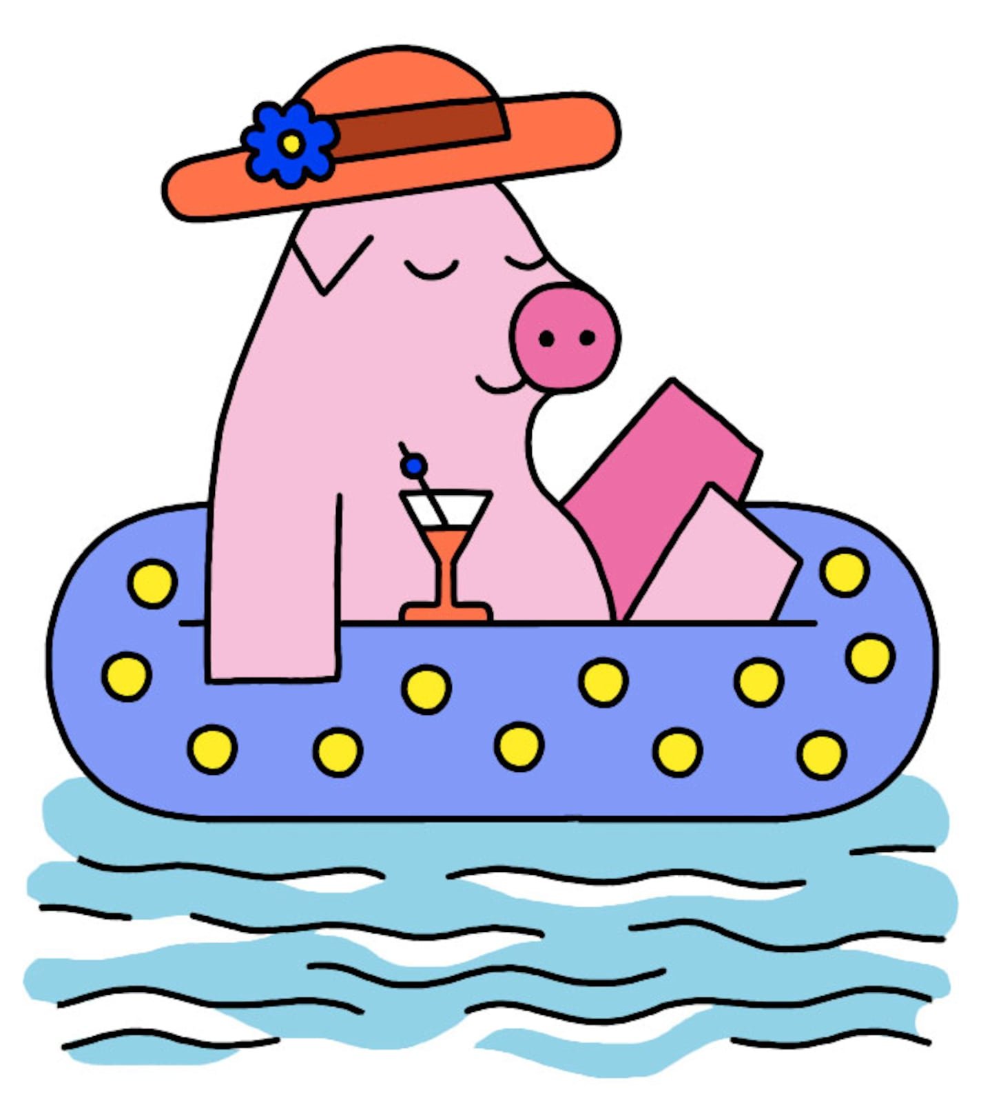 A cartoon of a pink pagi bank wearing a hat sitting in a round flight device in some water. There is a cocktail on the side of the swimming ring and the pig is reading a book.