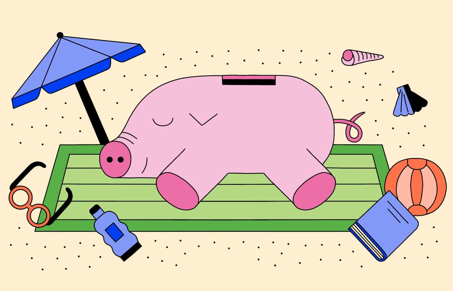 A pink pigi bank cartoon was laid on a blanket on the beach with umbrellas, suns blocks, beach, books, and sunshine glasses.