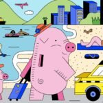 Colorful, cartoonish illustration showing a piggy bank standing in the center of the image, pulling a suitcase on wheels behind it. The pig is wearing a hat. There's a smaller pig behind it wearing a baseball cap. They are walking along a path. In front, to the right of the pigs, there's a yellow taxicab. In the background there's a beach scene with people swimming and laying in the sun. Further in the background there are mountains and a city scape. There's a ship in the water and a plane in the sky.