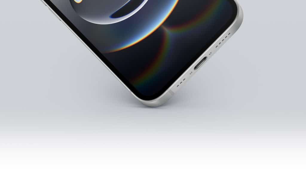 A close-up of the iPhone 16e's bottom corner reveals a sleek metallic edge, speaker holes, and a charging port. The screen showcases a glossy, abstract design with circular reflections on a light gray background.