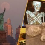 a two paneled image. On the left, the Statue of Liberty during a lunar eclipse. On the right, a mummy with a scan of the skeleton inside.