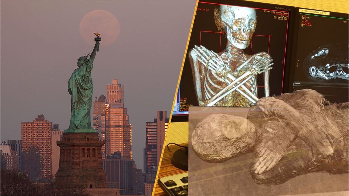 a two paneled image. On the left, the Statue of Liberty during a lunar eclipse. On the right, a mummy with a scan of the skeleton inside.