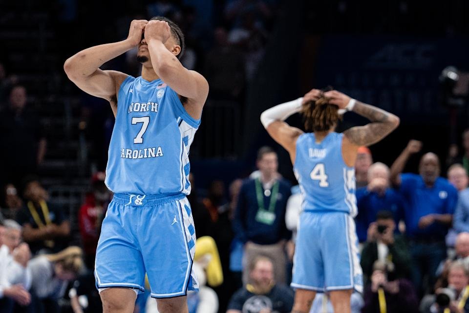 Charlotte, North Carolina - March 14: North Carolina Tarb Hales and RJ Davis #4 reacts to North Carolina Tar Hales and RJ Davis #4 in the second half during the semi -final round of the ACC Men's Basketball Tournament in Charlotte, North Carolina, March 14, 2025. (Photo for Jacob Kufrin/Getty Images)