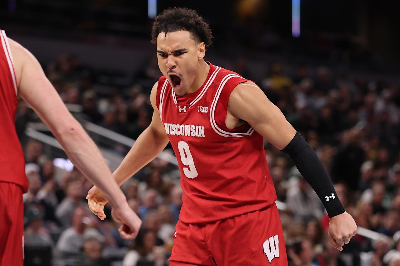 Indiana Paul, Indiana - March 15: Wisconsin Bedgers' John Tonja #9 Michigan State Spartans are celebrating the Big Tan Men's Basketball Tournament at the Gen Bridge Field House on March 15, 2025 in Indiana, in Indiana. (Photo for Michael Raees/Getty Images)