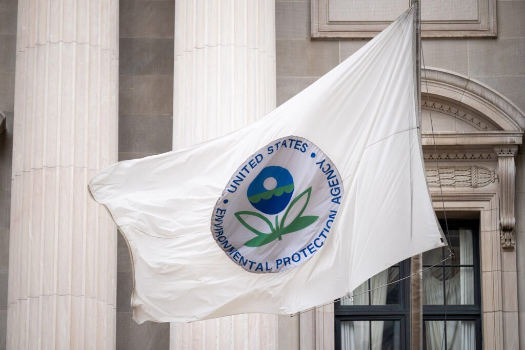 The EPA flag flies outside the agency’s headquarters on Feb. 6 in Washington, D.C. Credit: Bill Clark/CQ-Roll Call, Inc via Getty Images