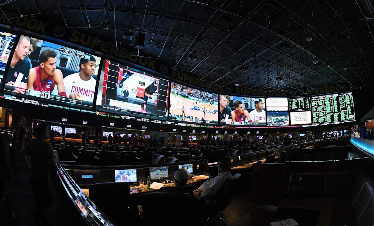 Las Vegas, NV-15: Guest is participating in a viewing party for the NCAA Men's College Basketball Tournament in West Gate Las Vegas Resort and Casino and NCAA Men's College Basketball Tournament, which has 4,488 square feet of HD video screens in Las Vegas, Nevada on March 15, 2018. (Photo for Ethan Miller/Getty Images)