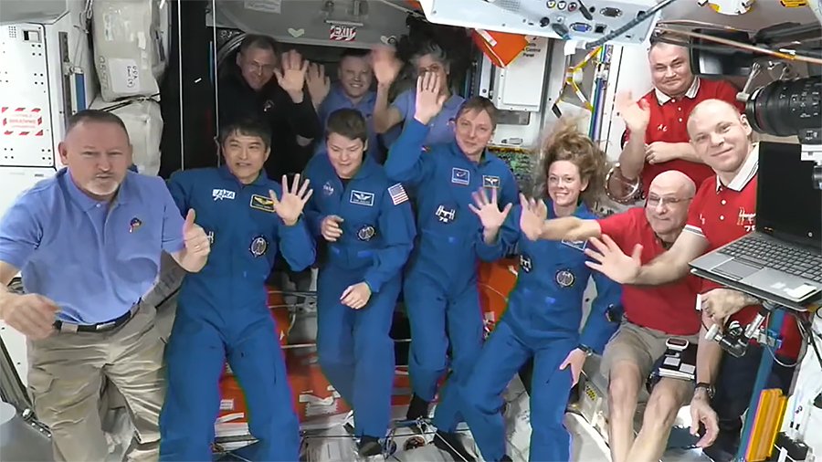 The four SpaceX Crew-10 members and the seven Expedition 72 crew members join eahc other for a welcoming ceremony shortly after the SpaceX Dragon crew spacecraft docked and the hatches opened.