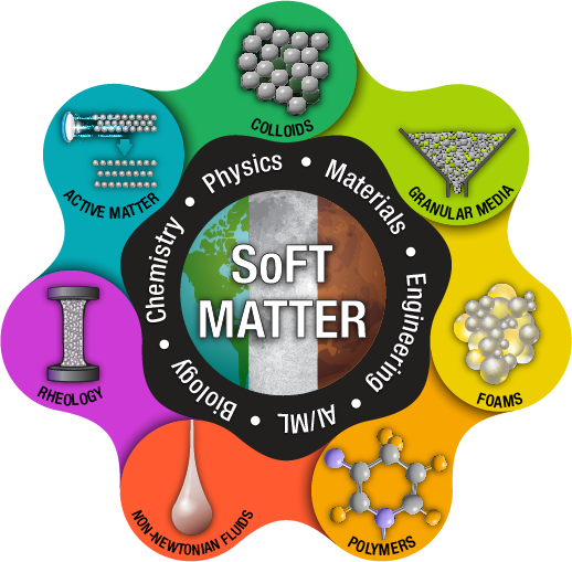 Colorful graphic of Biological and Physical Sciences' Soft Matter logo highlighting its seven areas of research: colloids, granular media, foams, polymers, non-Newtonian fluids, rheology, and active matter.