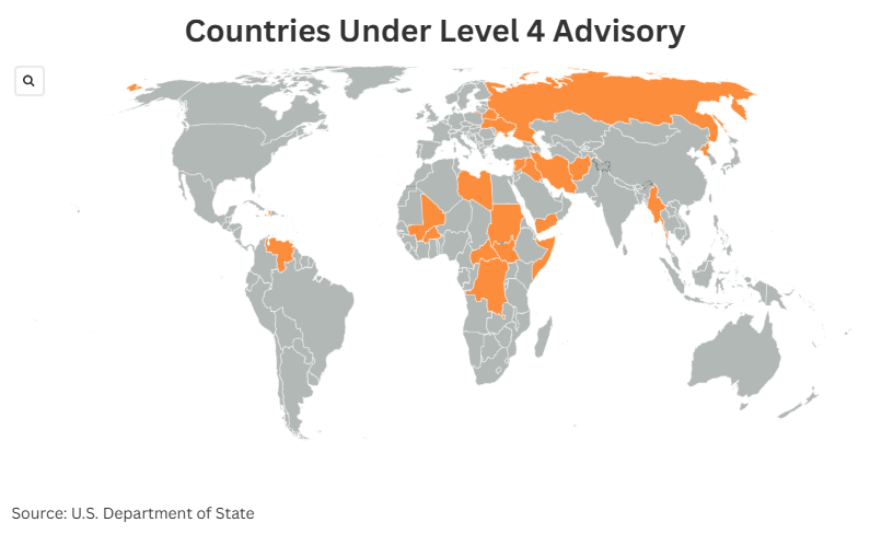 Map Shows Highest Level Warnings Issued to Americans Traveling