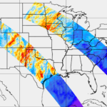 A map of the United States shows satellite data of two weather patterns stretching from the southwest to the northeast. The patterns have varied colors, including blue, yellow, and red, indicating different data intensities in those regions.