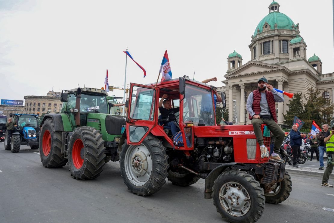 Farmers on the tractors participate in anti -government protests in front of the parliament building, which has become a national movement in Belgrade, Serbia on March 15, 2025, after the elimination of the roof of the Novi sad railway station in November 2024.