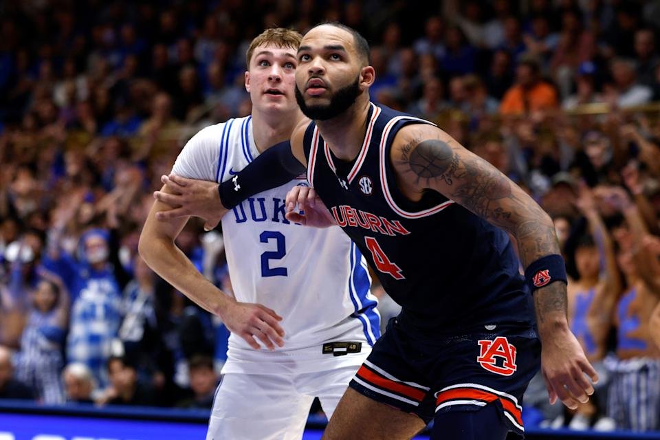 Durham, North Carolina - December 4: In the North Carolina city of Durham, December 4, 2024, during the first half of the game at Cameroon Indoor Stadium, Duke Blue Devils' Cooper Flag #2 Johnny Bromo #4. (Photo for Lance King/Getty Images)