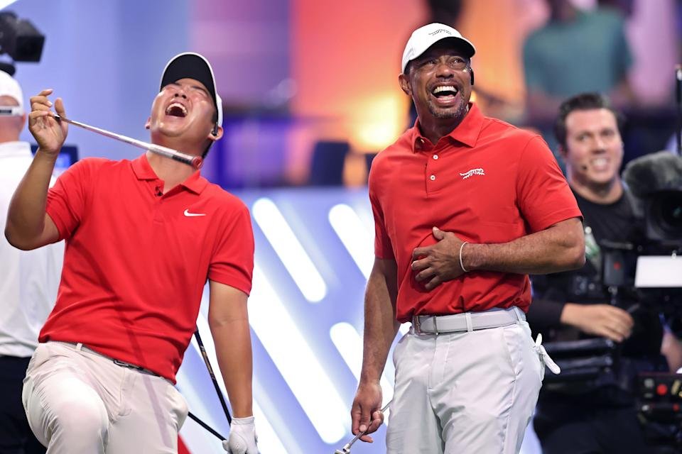 Palm Beach Gardens, Florida - March 04: Tiger Woods and Tom Kim of Japatra Links Laughs at the Ninth Hole during the Tiger Woods Club Laughing during a TGL match against the Sophie Drive GC match against the Sophie Drive GC in Palm Beach Gardens, Florida on March 04, 2025. (Photo for Megan Brexes/TGL/TGL Getty Images)